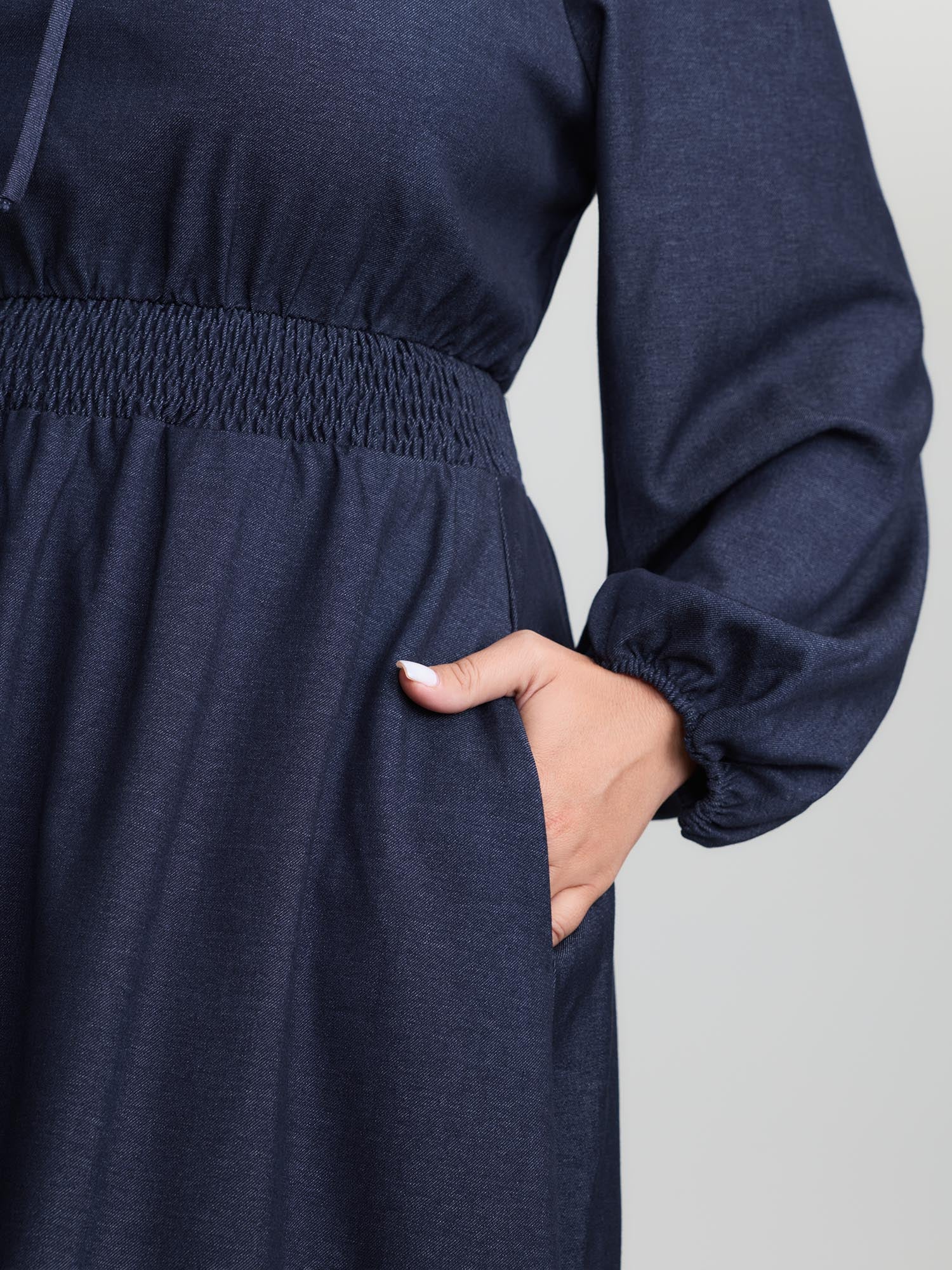 Ruffled Neckline Shirred Waist Pocket Maxi Dress