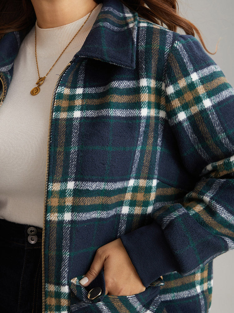 Plaid Button Detail Pocket Zipper Jacket
