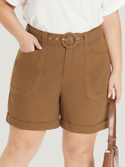 Solid Pocket Belted Roll Hem High Rise Shorts