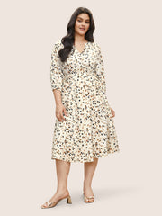 Allover Print Notched Belted Button Detail Dress