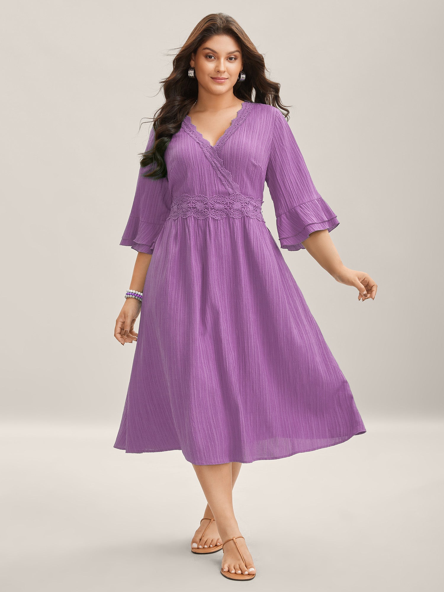 Scalloped Lace Surplice Ruffled Midi Dress
