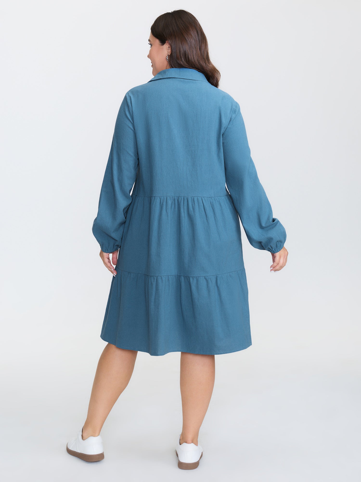 Shirt Collar Button Side Pockets Midi Dress