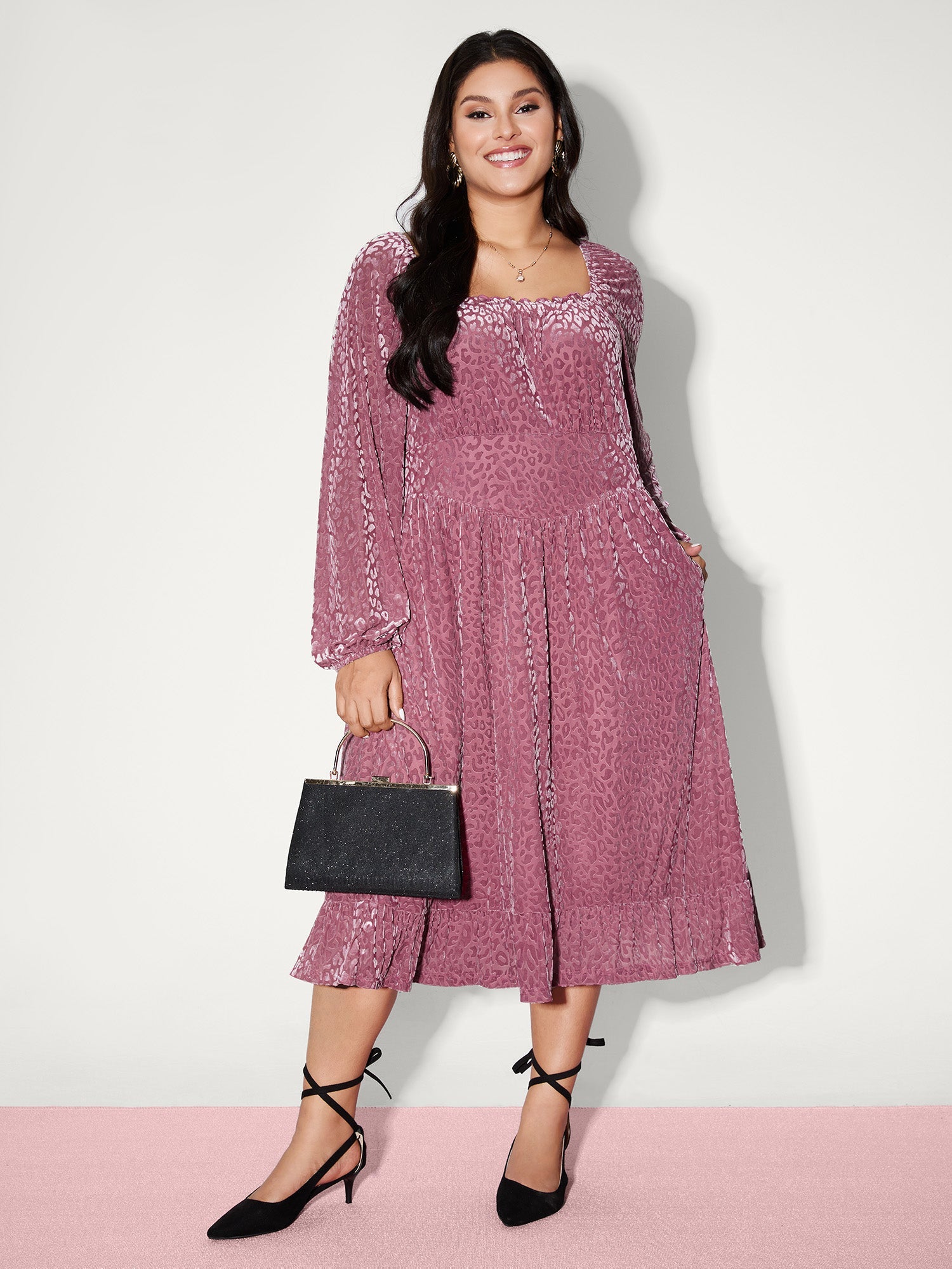 Soft Romance Leopard Print Shirred Waist Midi Dress