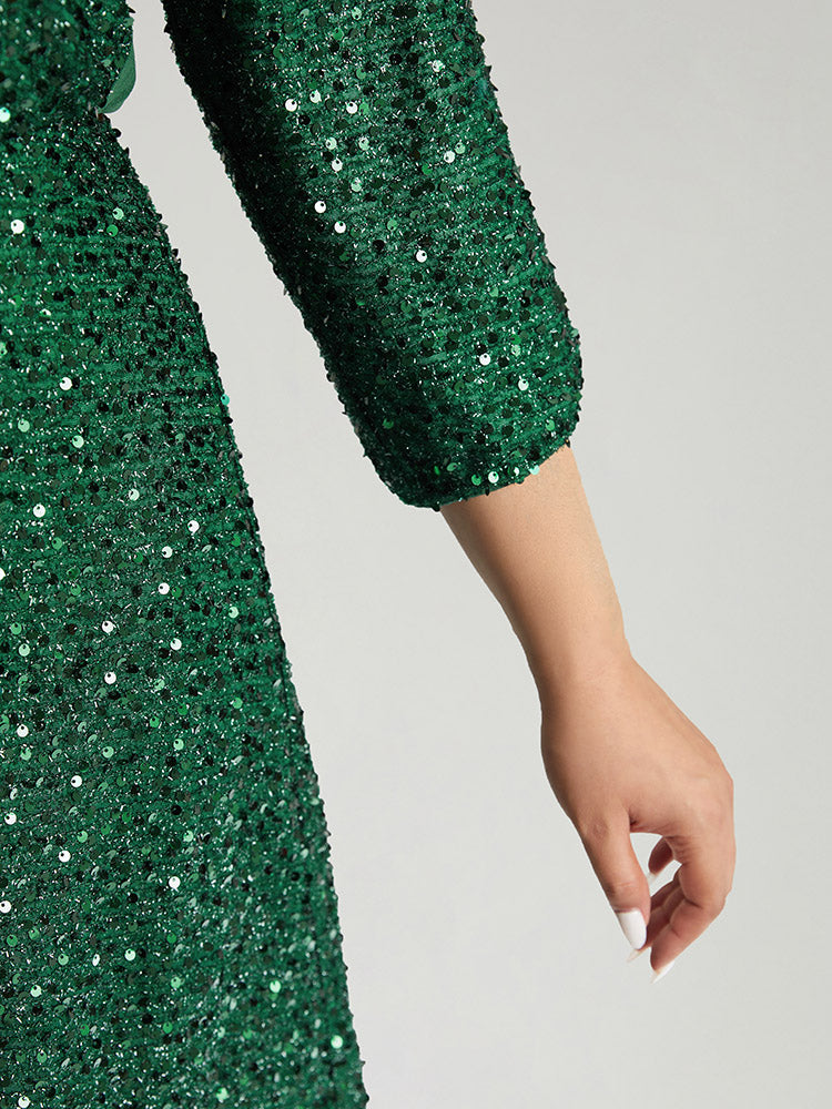 Sequin Overlap Collar Elastic Waist Knee Dress