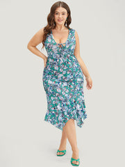 Floral Print Hanky Hem Knot Deep V Neck Tank Dress