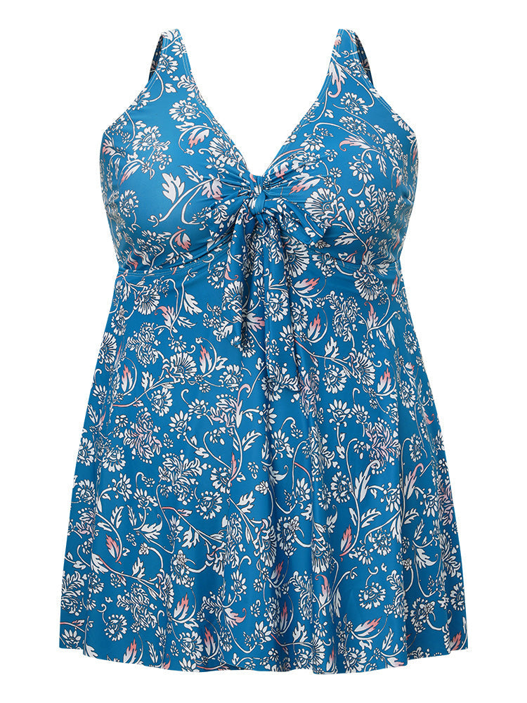 Floral Print Ruffle Hem Knot Front Ruched Swim Dress