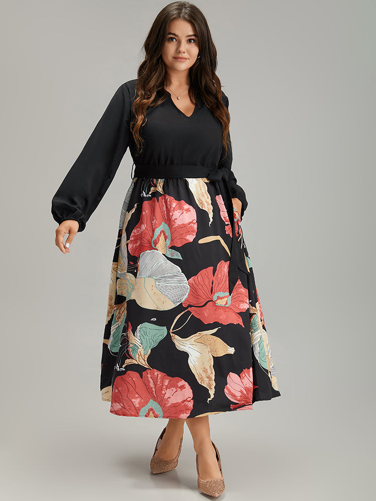 Floral Print Patchwork Notched Belted Dress