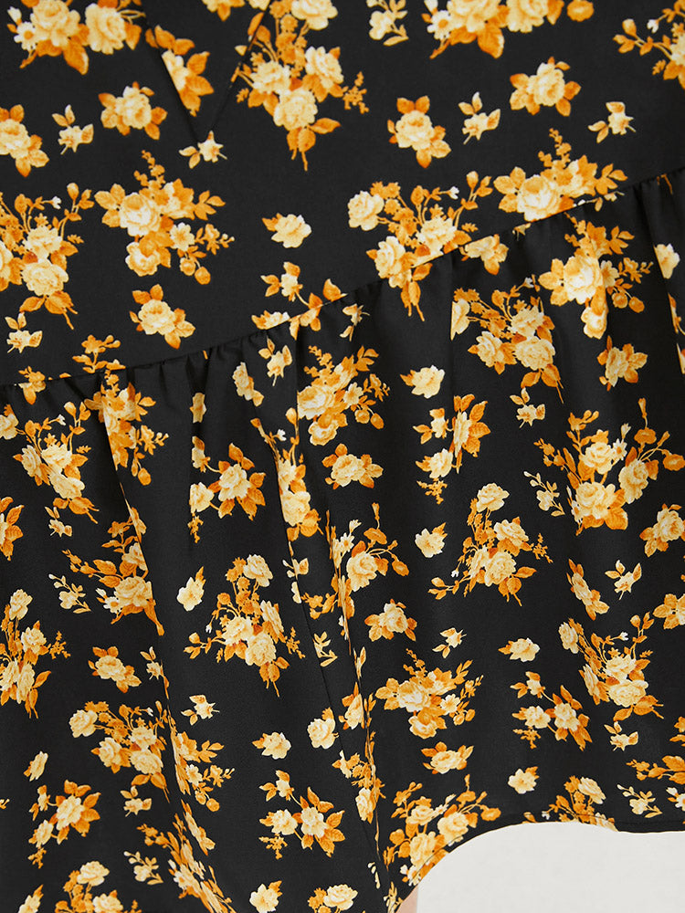 Floral Printed Pocket Lantern Sleeve Belted Wrap Midi Dress