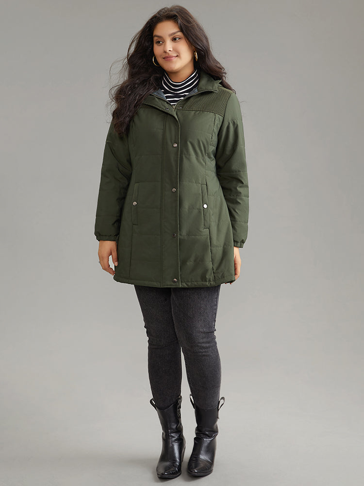 Plain Patchwork Corduroy Zipper Padded Hooded Jacket