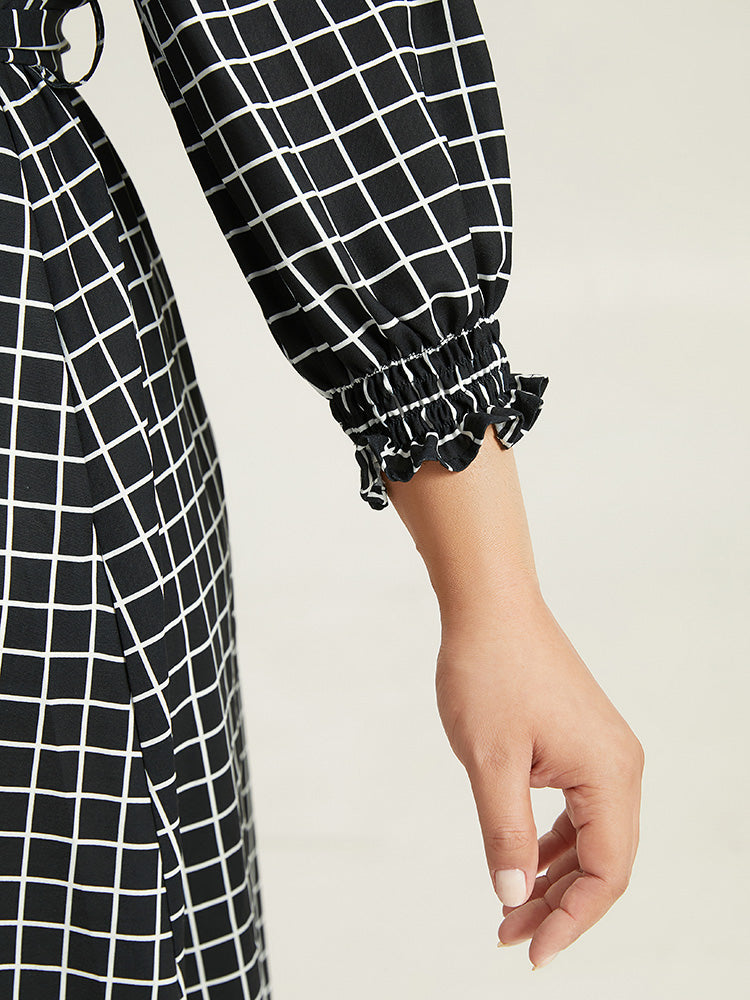 Gingham Button Detail Pocket Lantern Sleeve Dress