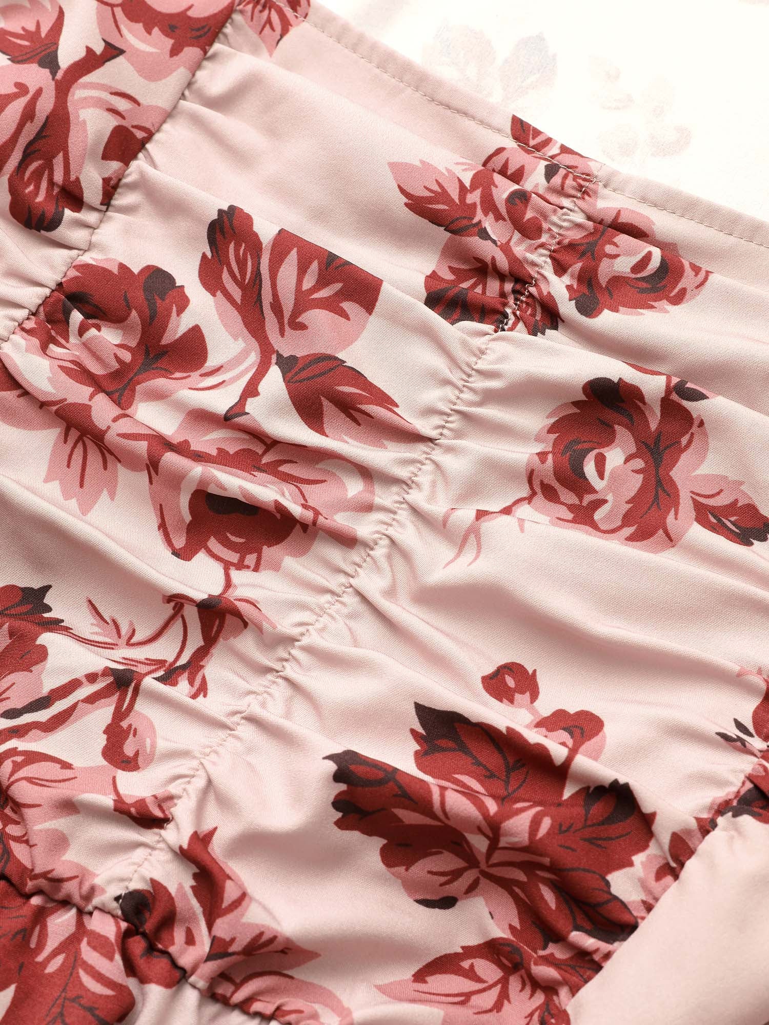 Floral Ruched Square Neck Lantern Sleeve Dress