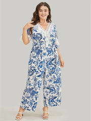 Floral Belted Pocket Lace Trim Wrap Jumpsuit