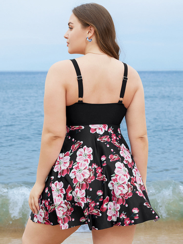 Floral Print Knotted Twist Front  A Line Swim Dress