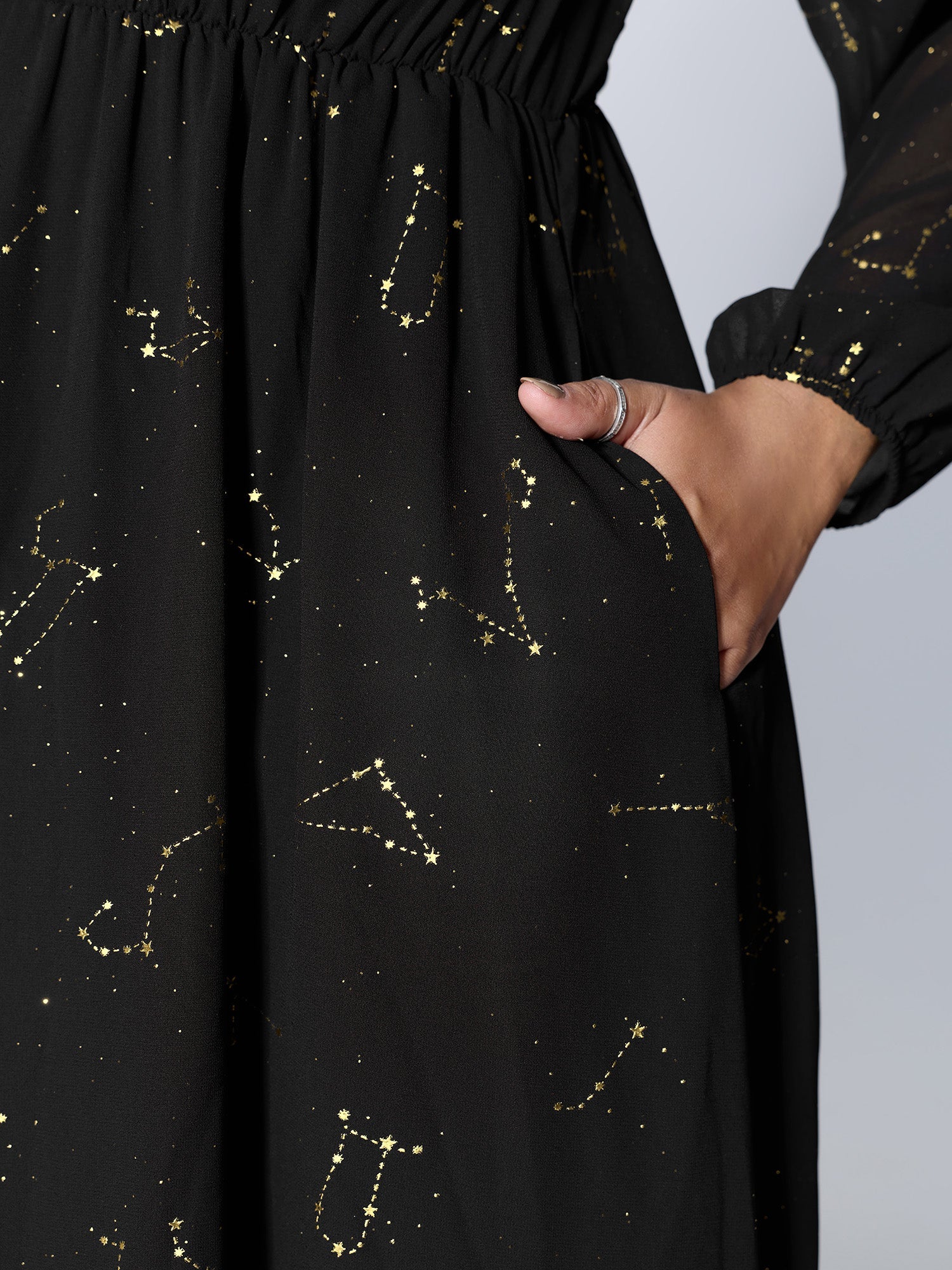 Shimmery Hot Stamped Shirred Pockets Party Dress