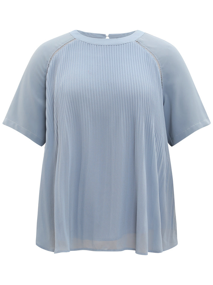 Solid Pleated Raglan Sleeve Patchwork Blouse