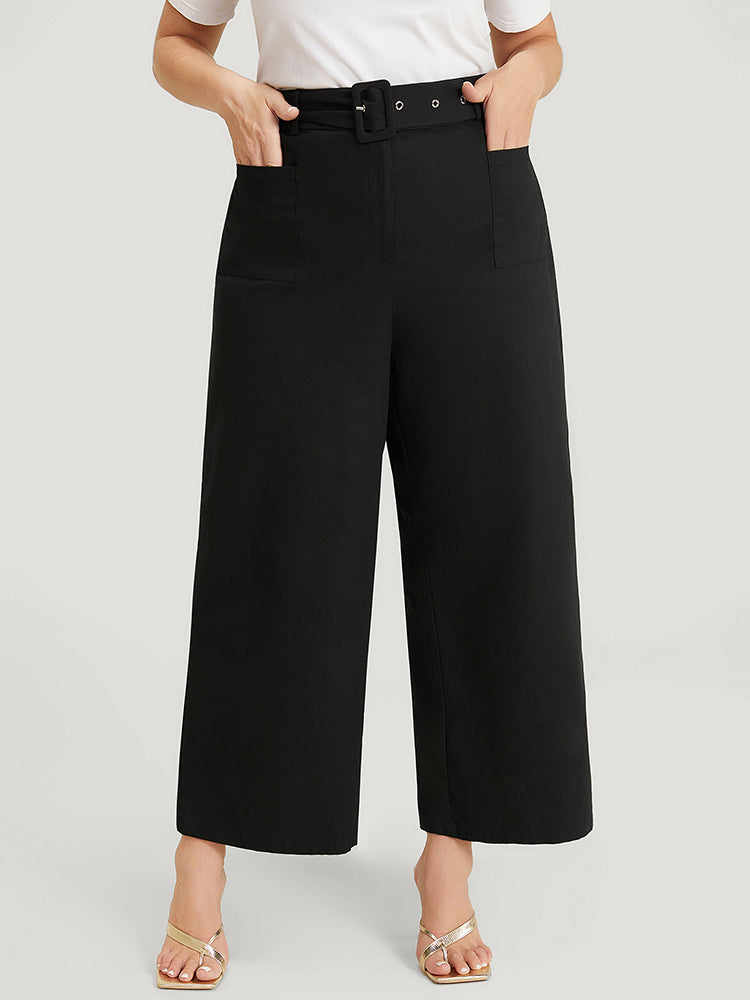 Solid Pocket Eyelet Detail Buckle Belted Pants