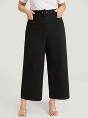 Solid Pocket Eyelet Detail Buckle Belted Pants