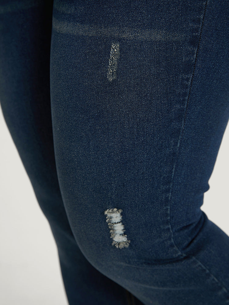 Solid Ripped Pocket Roll Hem Jeans