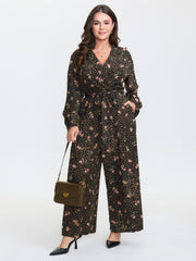 Floral Leopard Print Belted Collar Jumpsuit