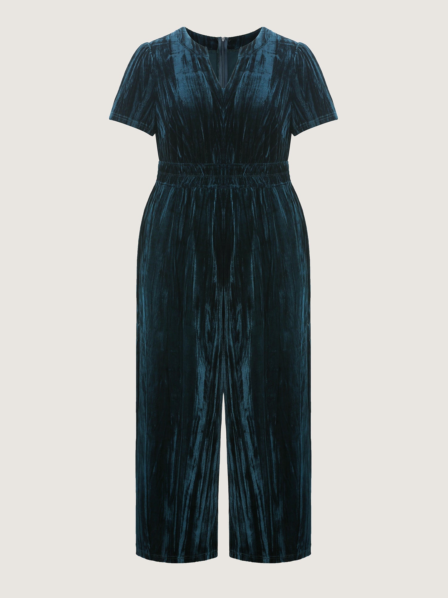 Velvet Pleated Waist Notched-Collar Jumpsuit