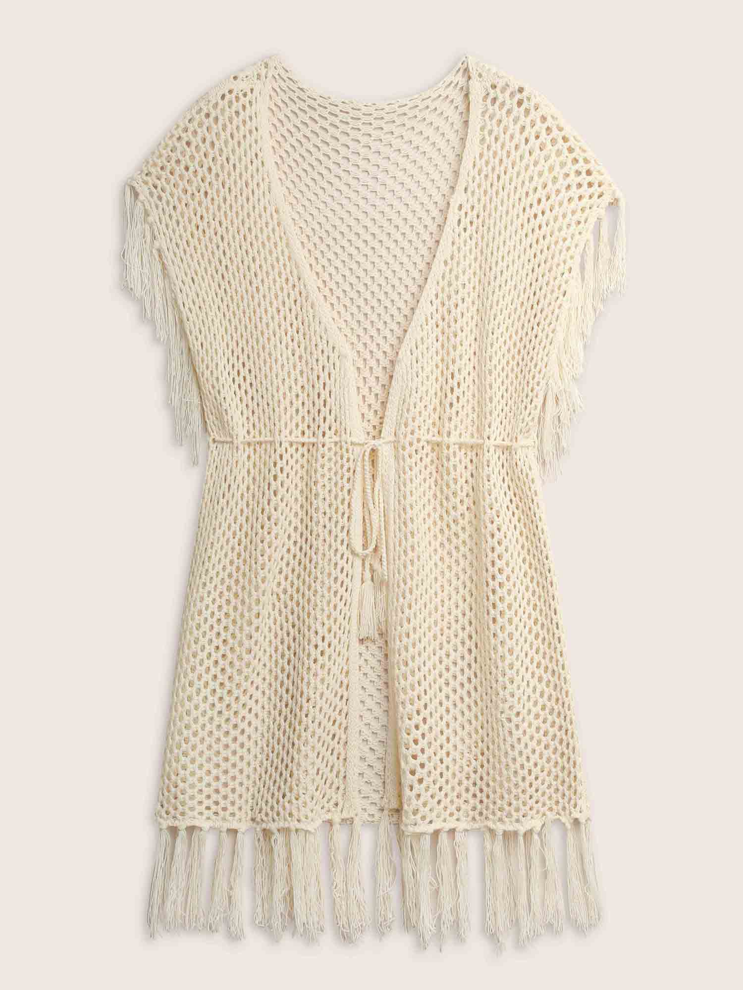 Solid Cut Out Drawstring Tassel Trim Swim Cover Up