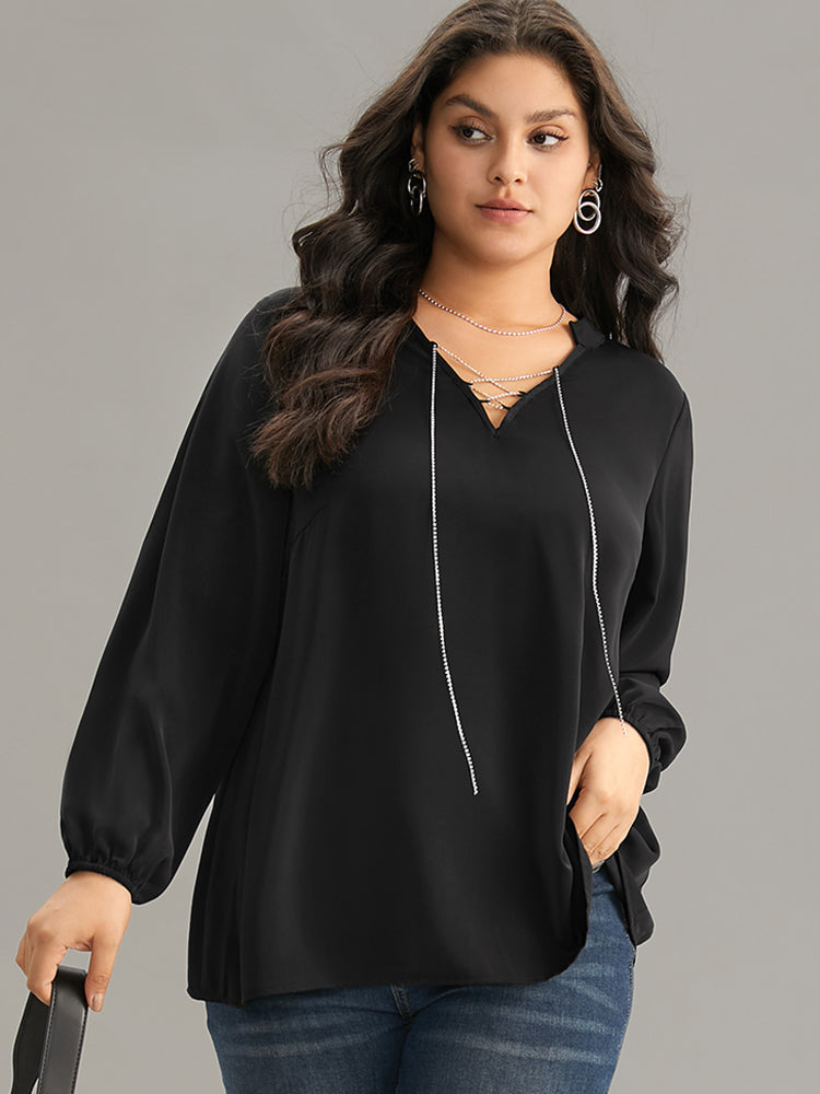 Anti-Wrinkle Lace Up Chain Detail Lantern Sleeve Blouse