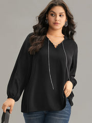 Anti-Wrinkle Lace Up Chain Detail Lantern Sleeve Blouse