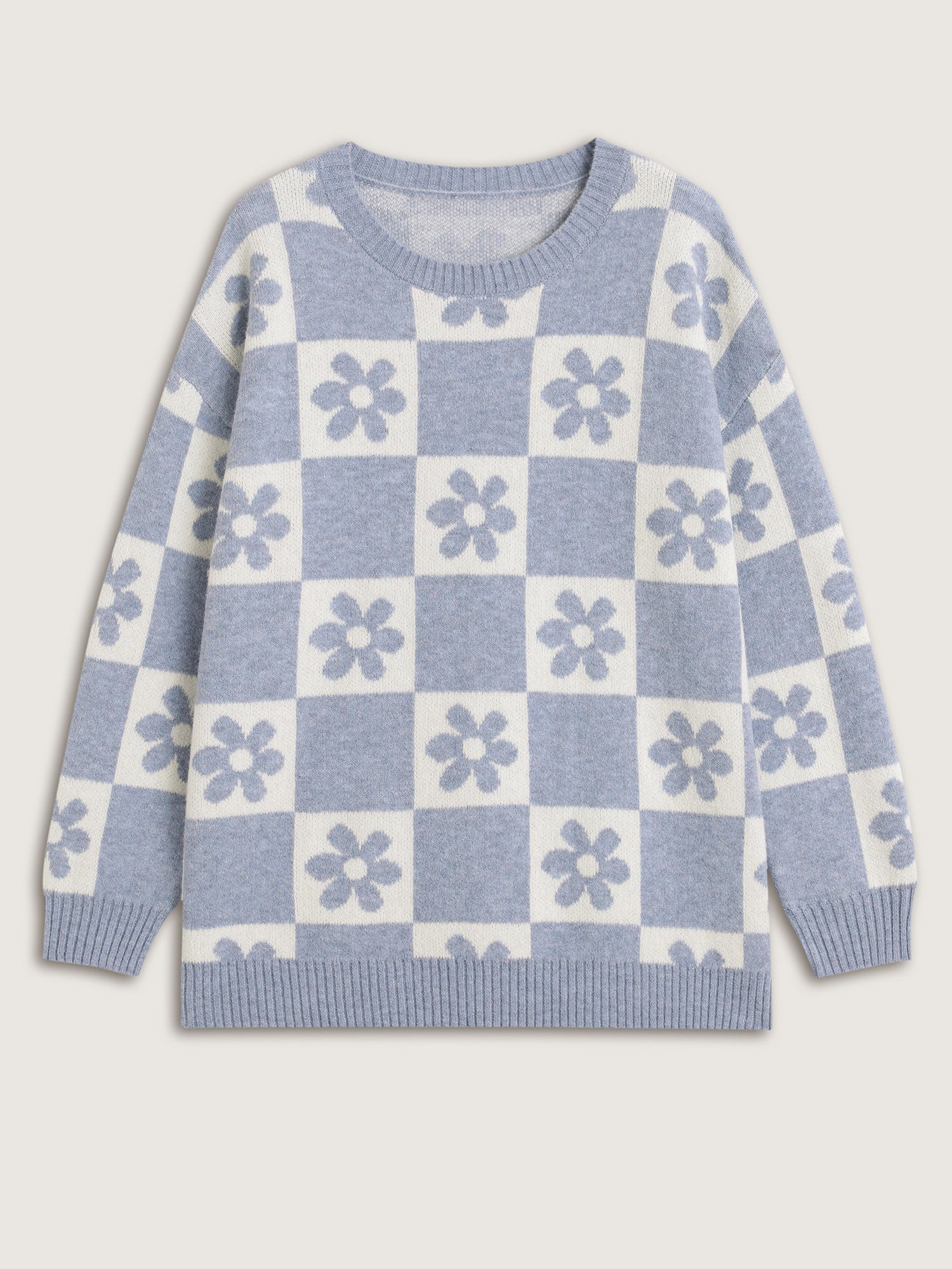 Floral Checkered Color Contrast Pullover