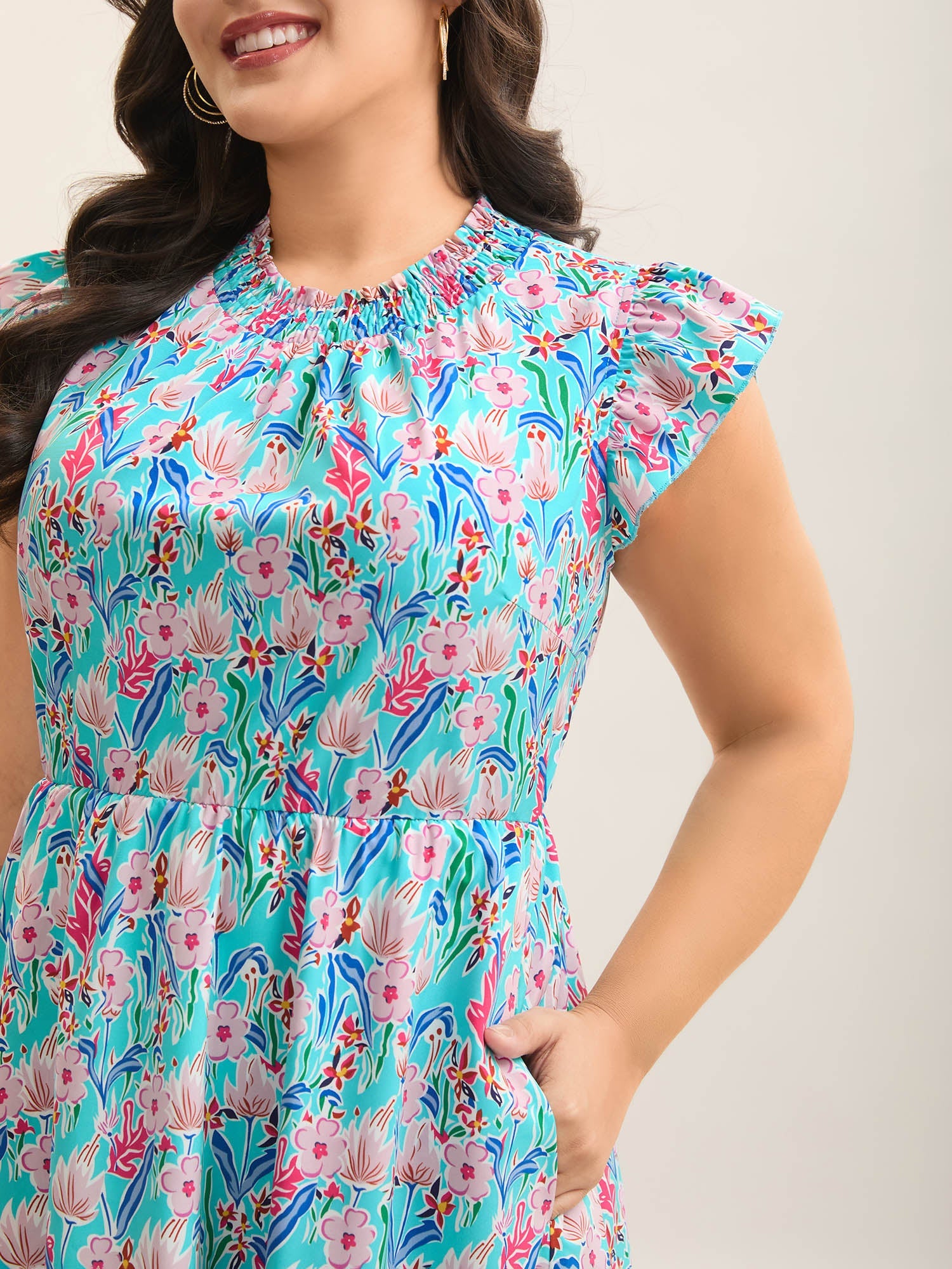 Floral Print Shirred Pockets Midi Dress