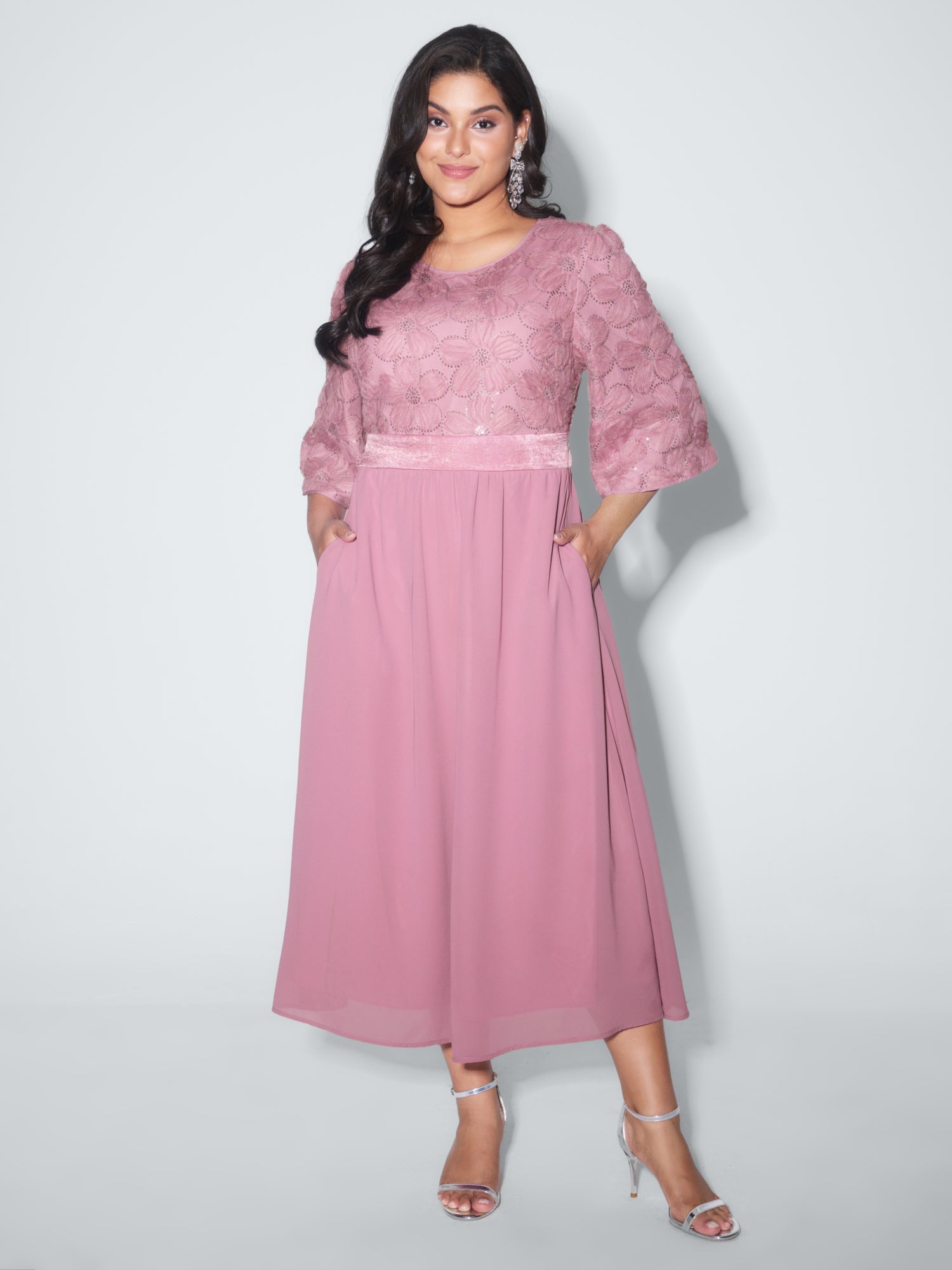 Sequin Floral Tulle Shirred Waist Maxi Dress