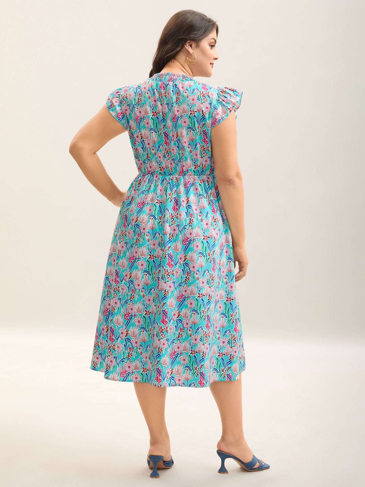 Floral Print Shirred Pockets Midi Dress