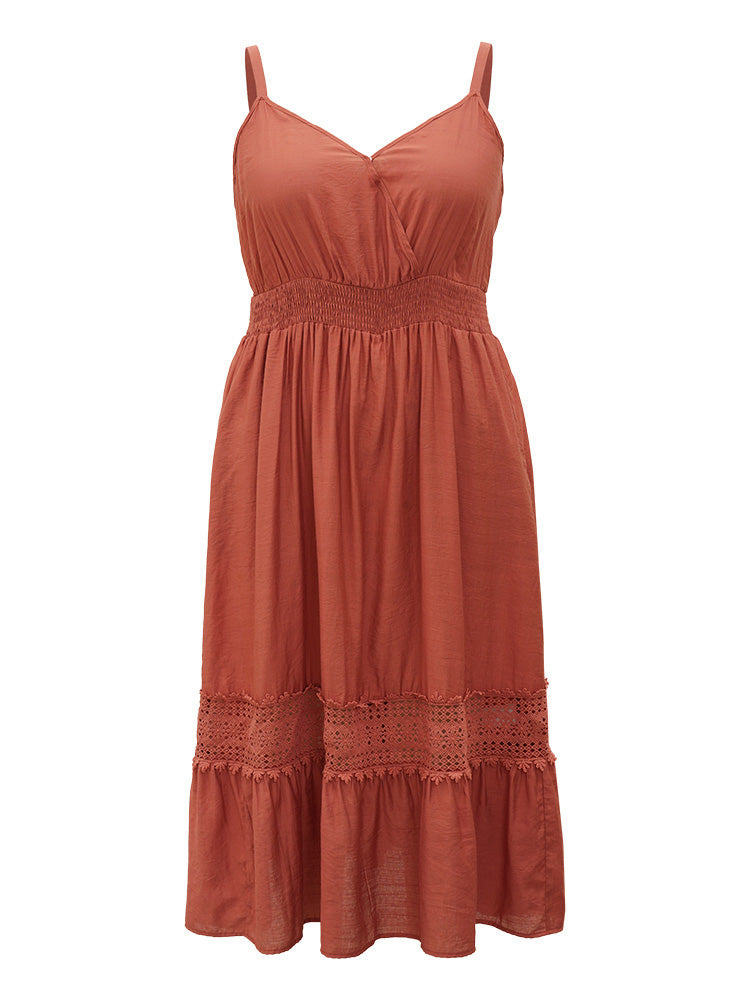 Solid Crochet Lace Gathered Wrap Shirred Cami Dress