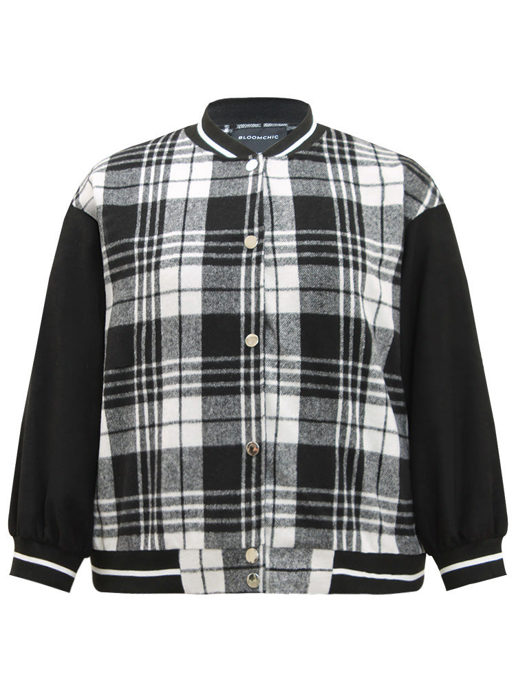 Plaid Button Through Pocket Baseball Collar Bomber Jacket