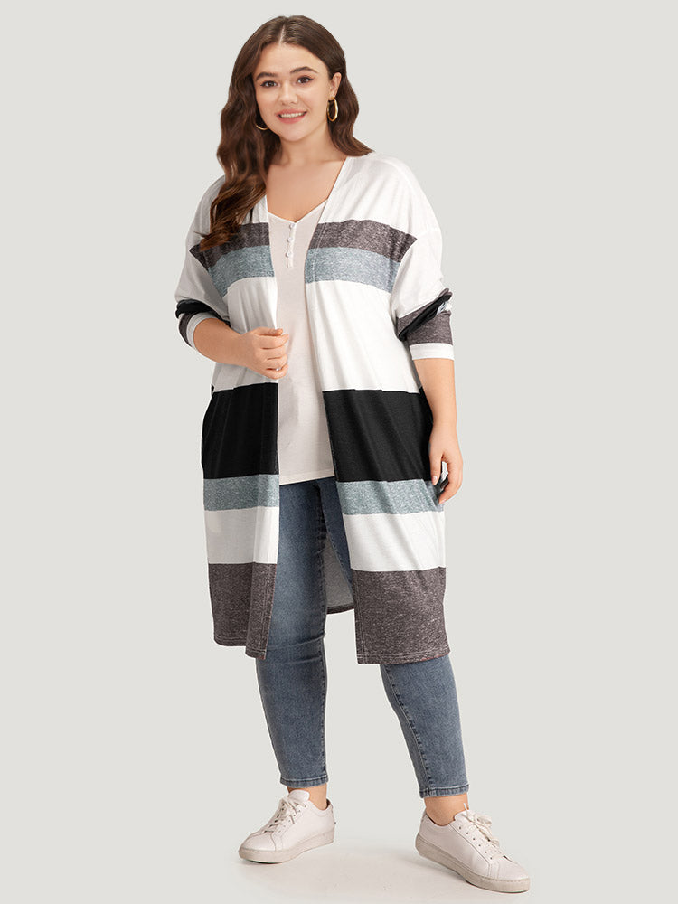 Striped Contrast Pocket Open Front Kimono