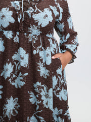 Floral Pattern Textured Drawstring Neck Midi Dress
