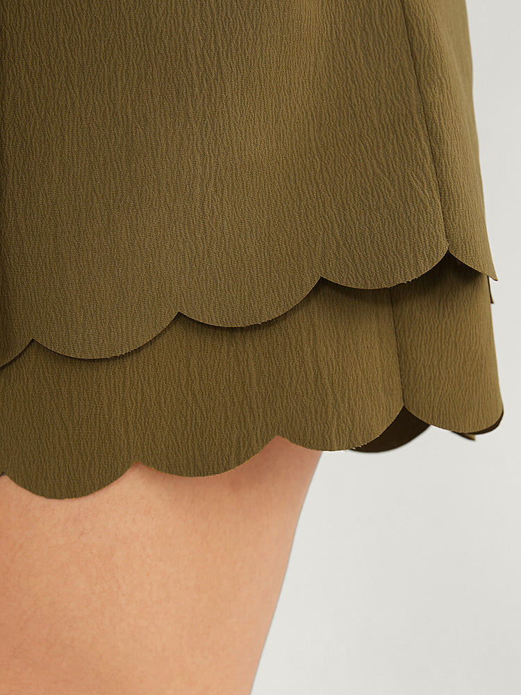 Solid Belted Pocket Scalloped Trim  Tiered Shorts