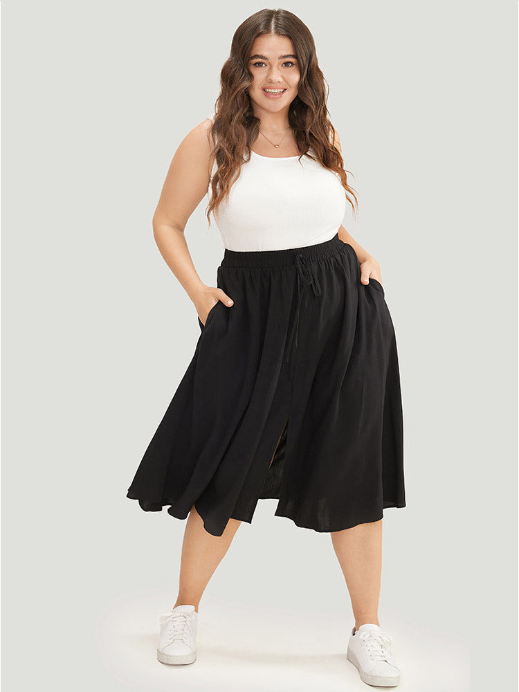 Solid Pocket Knot Elastic Waist Split Hem Skirt