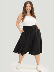 Solid Pocket Knot Elastic Waist Split Hem Skirt