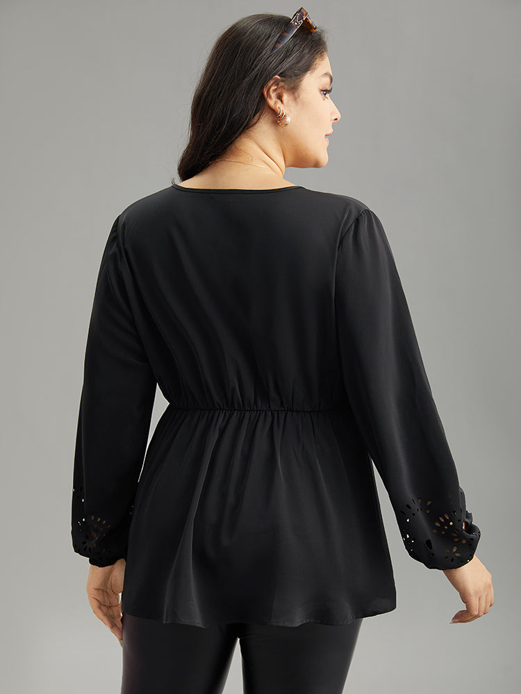 Plain Elastic Waist Buckle Detail Wrap Blouse