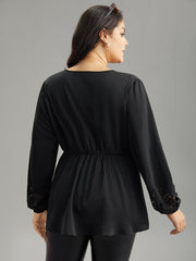 Plain Elastic Waist Buckle Detail Wrap Blouse