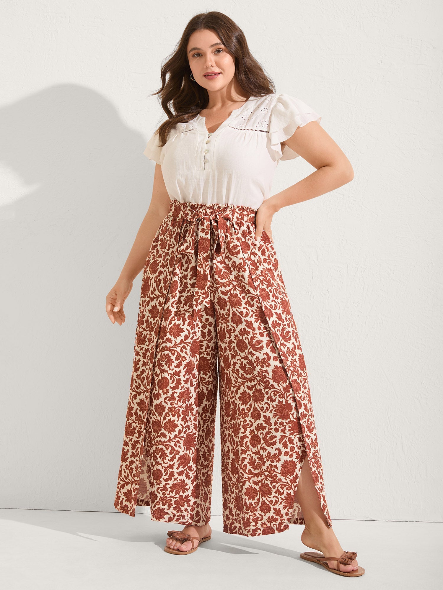 Boho Overlap Slit Belted Wide-Leg Pants