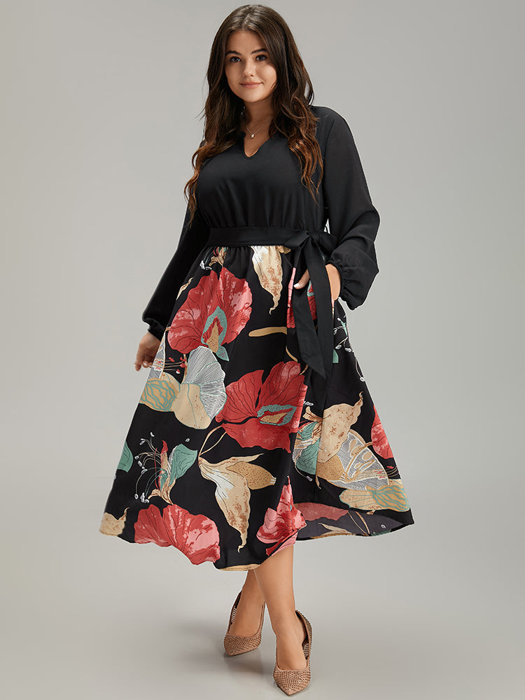 Floral Print Patchwork Notched Belted Dress