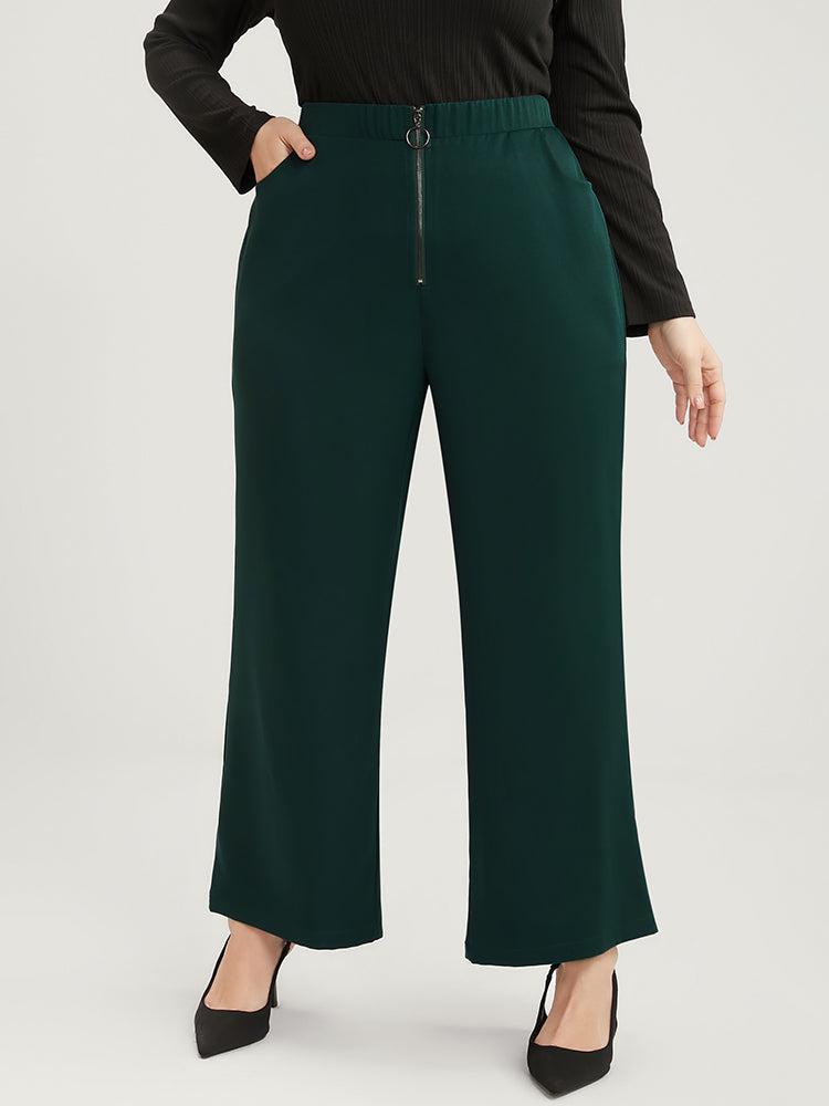 Solid O Ring Zipper Pocket Elastic Waist Wide Leg Pants