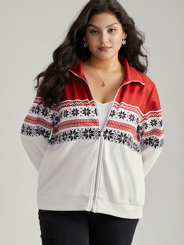 Christmas Snowflake Zipper Contrast Jacket