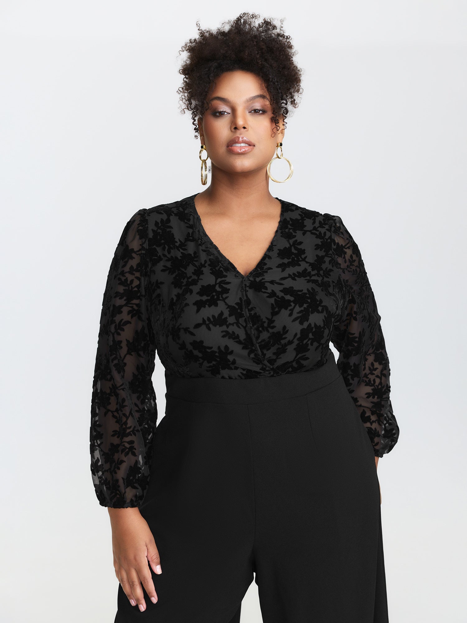 Floral Mesh Sleeve Surplice Flared Jumpsuit