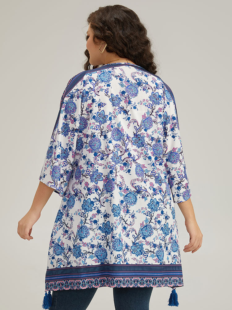 Floral Print Tassels Trim Split Side Kimono