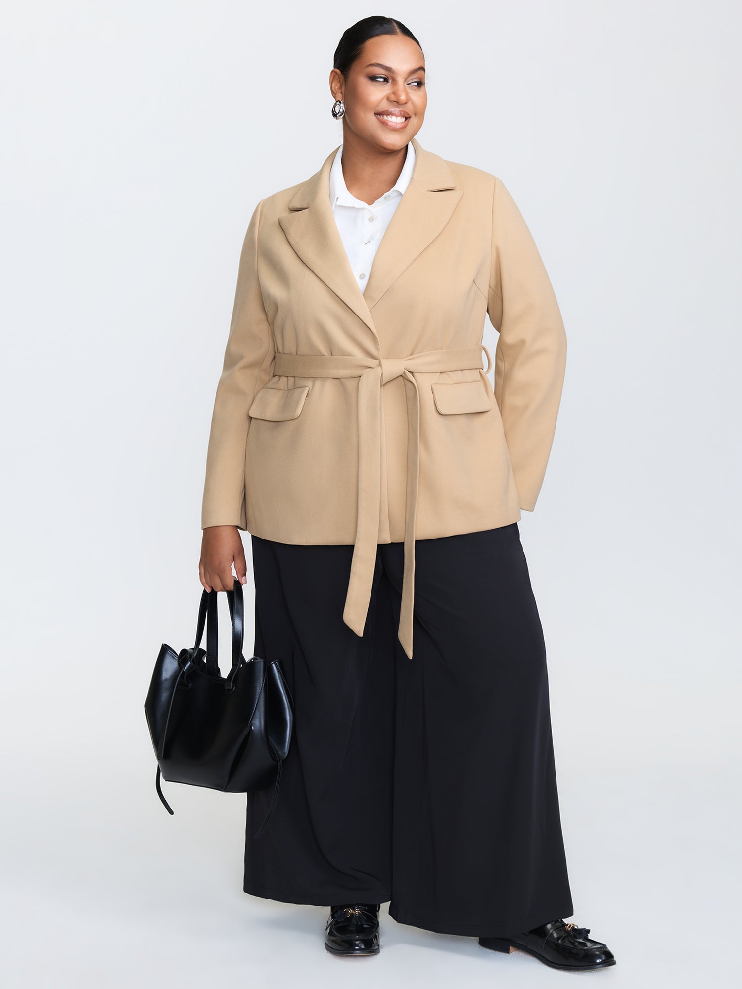 Textured Belted Plain Blazer