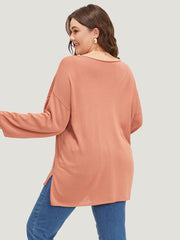 Solid Patched Pocket Split Side Pullover