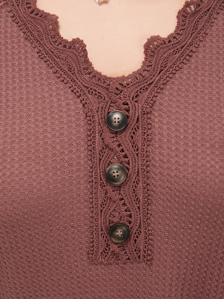 Plain Contrast Lace Raglan Sleeve Button Detail T-shirt