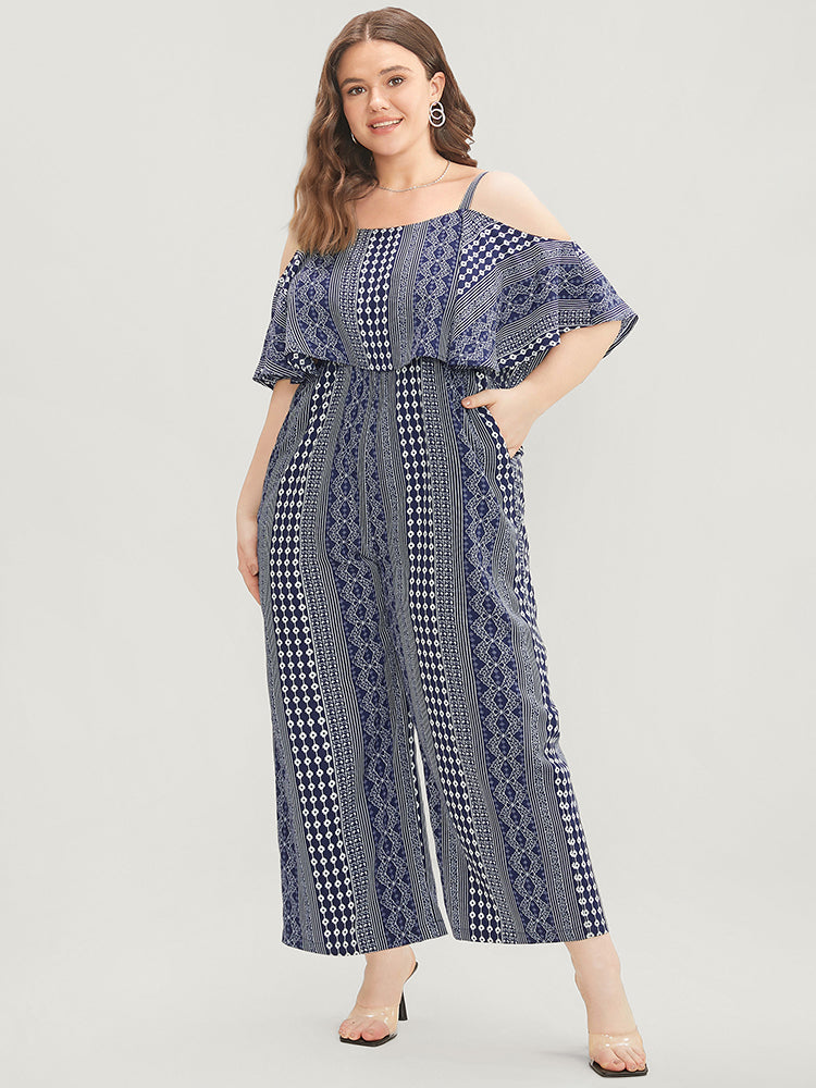 Striped Geometric Pocket Ruffles Cold Shoulder Jumpsuit